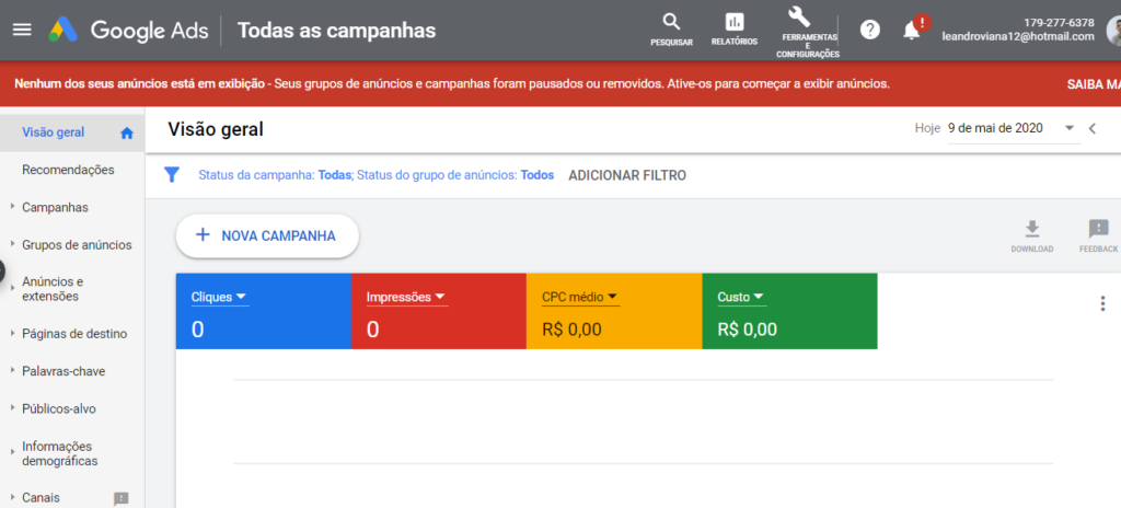 painel do google ads para anunciar no google 